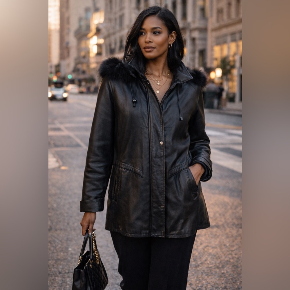 Bod & Christensen Black Leather Coat Size L Quilted Lined Hooded Jacket